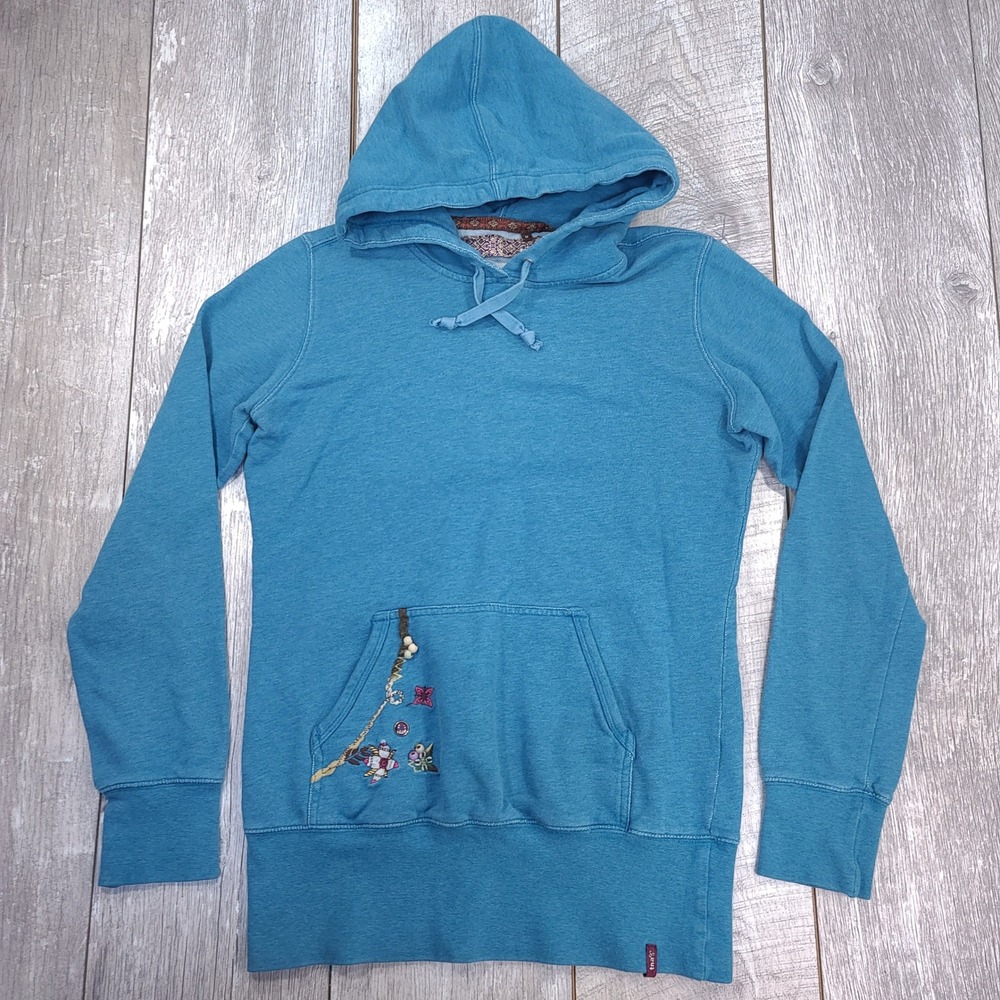 TNA Hoodie Women Medium Blue Embroidered Bird Graphic Pullover Sweatshirt